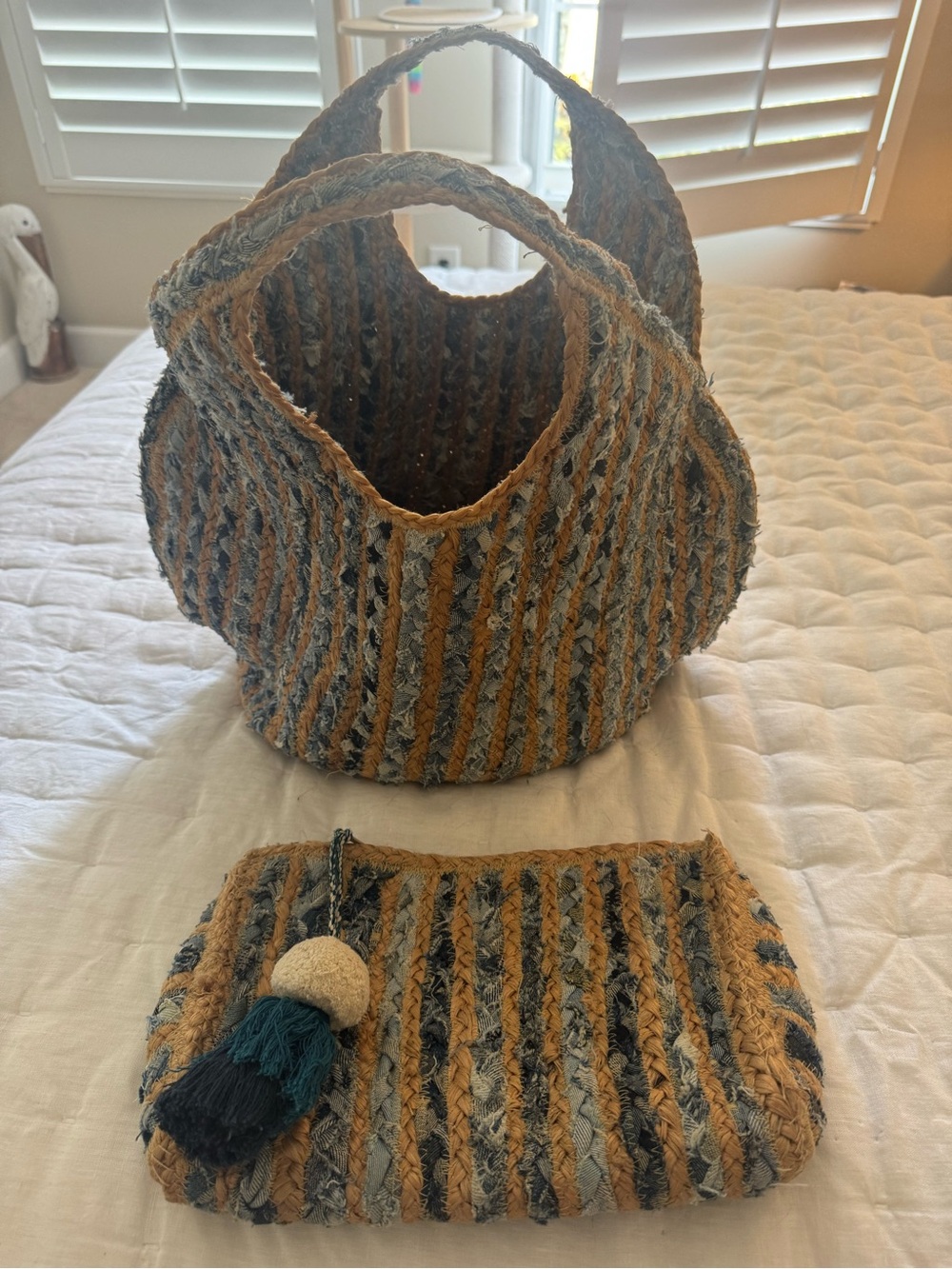 Bundle! Antik Kraft Braided Straw Tote and Clutch in Natural, Blue and Gray
